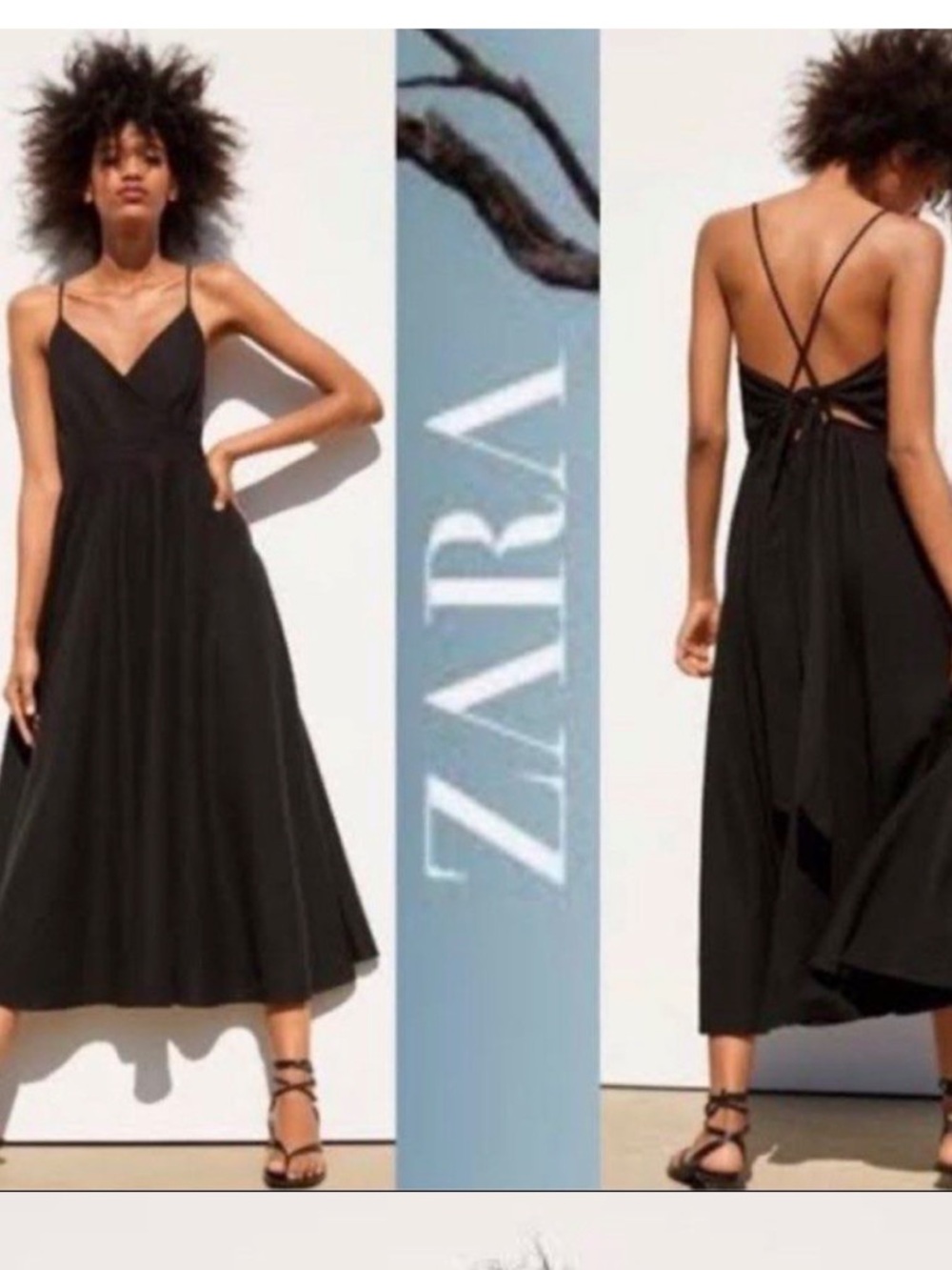 New With Tag Zara Black Linen Blend Cross Back Midi Dress Size Medium